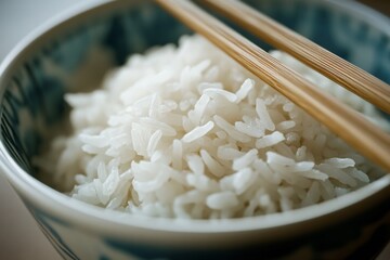 Close-up of rice bowl with chopsticks. Featuring a bowl of white rice with chopsticks. Highlighting the simplicity and cultural significance. Ideal for culinary and cultural visuals.