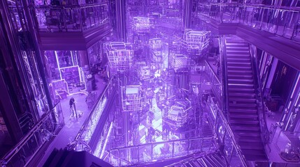 Obraz premium Futuristic Interior with Neon Lights and Reflections in Purple Tones