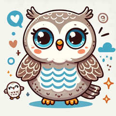 Fototapeta premium A cartoon family of owls with bright eyes and detailed feathers, sitting together surrounded by nature elements, perfect for designs focusing on family themes or educational materials.