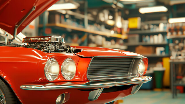 Classic red car in auto repair shop with open hood, showcasing powerful engine. Ideal automotive service and restoration setting.