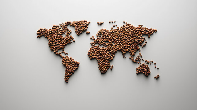 Coffee beans arranged to resemble a world map highlight the extensive influence of coffee across different regions. This artistic display emphasizes the global popularity of the beverage. - Powered by Adobe
