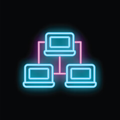 Bright neon icon of three laptops connected representing a computer network, internet connection, or data transfer