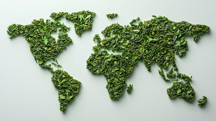 A world map is formed using various green leaves, showcasing creativity and environmental consciousness. This artistic representation highlights sustainability in design and nature.