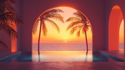 Naklejka premium A minimalist beach villa with an arched window design, featuring a pool and tropical palm trees, illuminated by golden hour light.