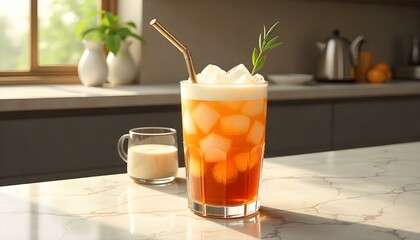 A tray with a refreshing Thai iced tea and a bendy straw, accompanied by a folded napkin