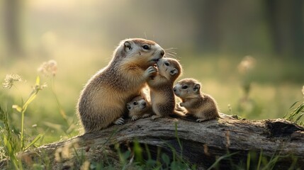 Fototapeta premium a mother groundhog with her adorable babies on top of an old log in the grassy field. The mom is licking them both clean, and they look happy to be cared for by their parents. Groundhog day.