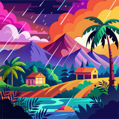 Obraz premium Vibrant Tropical Rainy Landscape at Sunset Illustration