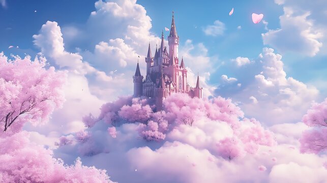 A magical pink castle sits atop a cloud surrounded by blooming cherry blossom trees with fluffy white clouds in the sky