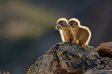 Photo of two baby marmots, one is small and the other larger, both standing on top of each other on an outcropping in a rocky mountain wilderness. 