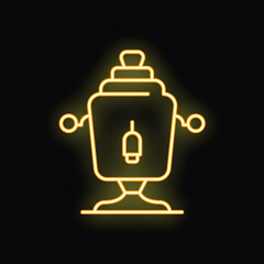 Yellow neon icon of a traditional russian samovar, glowing on a dark background