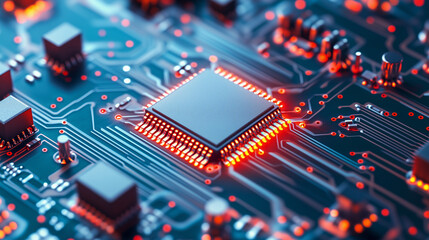 Fototapeta premium Microchips and Nanotechnology. An abstraction with blurred elements of microchips, wires, and microscopic details, representing nanotechnologies and future computing developments