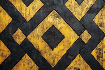 Abstract geometric pattern in vibrant yellow and black on textured wall highlighting design and...