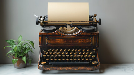 A classic typewriter stands on a marble surface. The machine features a blank sheet of paper ready to be filled, with a vibrant green potted plant adding a touch of life.