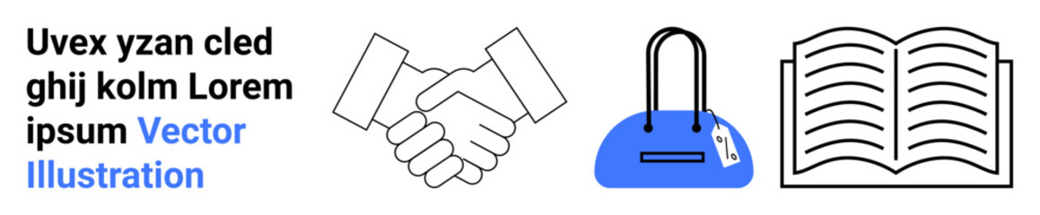 Handshake, blue handbag, and open book icons alongside placeholder text. Ideal for partnership, business, fashion, shopping, education agreements and illustrations. Landing page