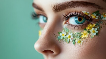 Fototapeta premium Close-up of a Woman's Eye with Floral Makeup