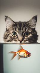A cat staring at a goldfish in a bowl, its paw hovering just above the water.


