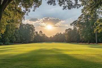 Naklejka premium Sunset over a serene golf course with lush green fairways and towering trees in a tranquil setting