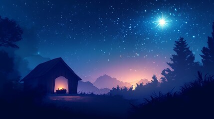 An abstract nativity scene in silhouette, featuring a wooden stable and bright star against a dreamy, dark blue gradient sky