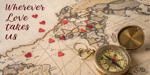 A vintage map with hearts marking locations, a golden compass next to it, valentine, couples, AI generated