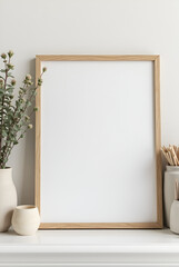 MOCKUP - blank photo frame on a mantelpiece with decorative items around it