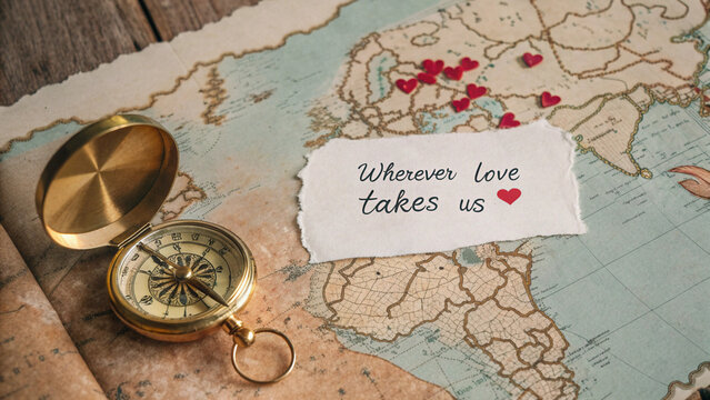 map with place markings with heart, travel plan for couples, AI generated