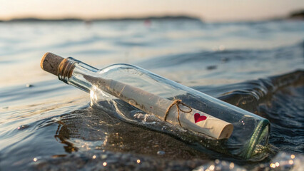 A transparent bottle floating in water, with parchment rolled up and a small heart drawn on the paper, AI generated