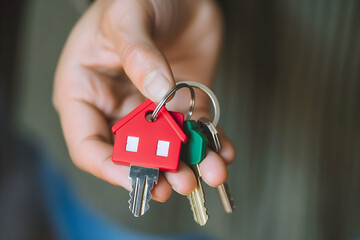 Hand holding keys to house, commercial and personal real estate. Design template for advertising real estate agency, housing purchase, utilities and rent