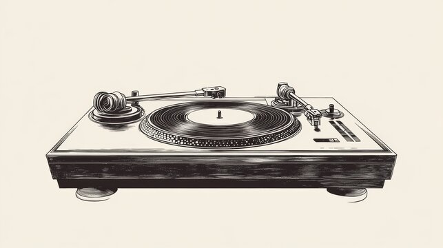 Vintage turntable with record, monochrome sketch.