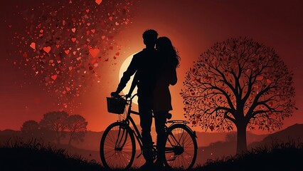 Obraz premium Happy Valentine's Day An illustration of lovers biking on a pink hill