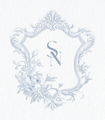 Wedding monogram with SN initials Design. Floral monogram crest design. Vintage elegant wedding crest design.
