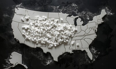 Opioid Crisis Depicted with Spilled Prescription Pills on United States Map, Highlighting the Epidemic of Drug Addiction, 