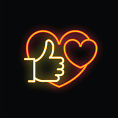Neon heart and thumbs up glowing in the dark, showing support, love and appreciation