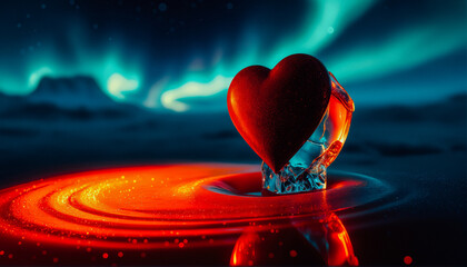 A red crystal heart resting on water ripples with a glowing aurora in the night sky, radiating romance and wonder.