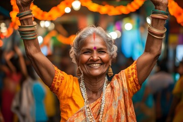 Obraz premium Elderly woman celebrates at a vibrant festival with colorful decorations and joyful expressions in a lively market setting