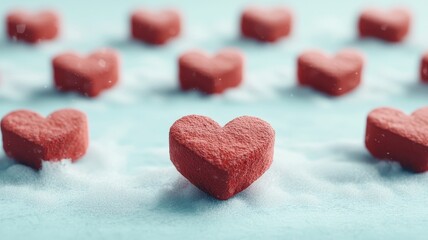 Obraz premium Romantic Red Hearts in Soft Snow Valentine s Day Concept Love Background