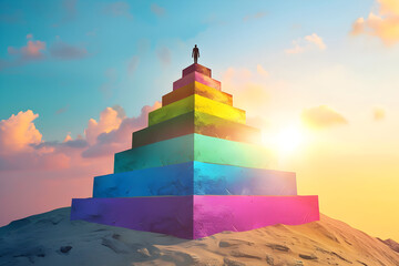 Pyramid of multi-colored blocks with a human figure on top. Concept template for psychological analysis, scale of needs, division into steps to the goal, defragmentation of the task.