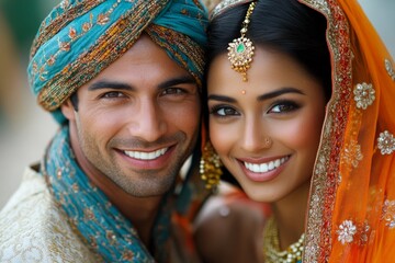 Couple in traditional attire celebrating a cultural festival with joyful expressions in vibrant colors
