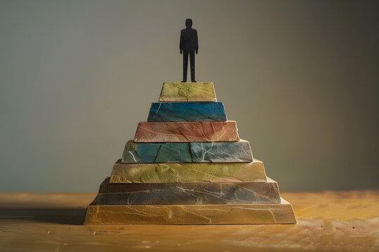 Pyramid of multi-colored blocks with a human figure on top. Concept template for psychological analysis, scale of needs, division into steps to the goal, defragmentation of the task.