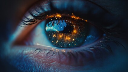 Human Eye Reflects Digital City Lights, Abstract Vision of Technological Advancement, Futuristic Glimmering Iris