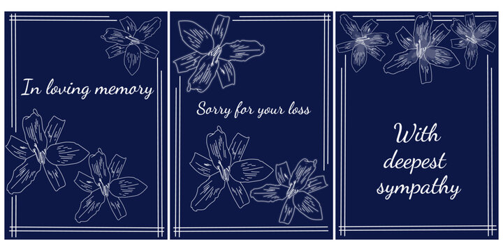 set of sympathy cards with thematic phrases and outline white lilies, Condolence vertical design