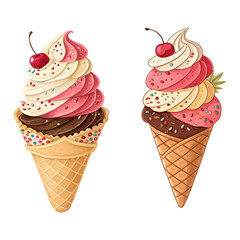 Delicious Ice Cream Cones with Colorful Swirls and Toppings.