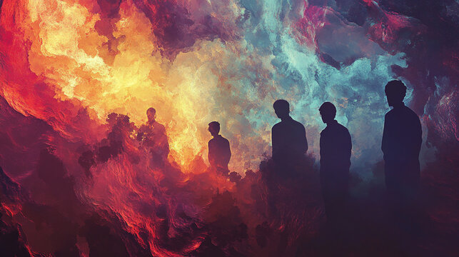 Silhouette Figures Dramatic Fire Abstract Background Digital Painting Artwork Red Men Blue Fiery    