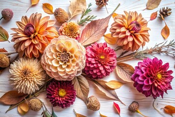 Dried dahlia floral arrangement, wildwood leaves, vintage boho style.  White background photography.