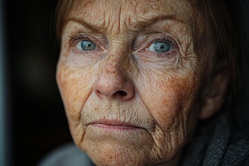Obraz premium Elderly woman with expressive eyes reflecting life's experiences in a dimly lit room