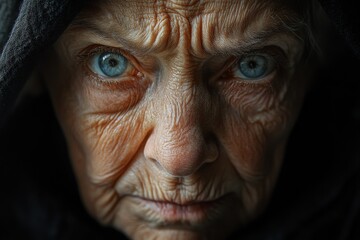 Portrait of an elderly woman with striking blue eyes and deep facial wrinkles, conveying wisdom and experience through her expression and gaze