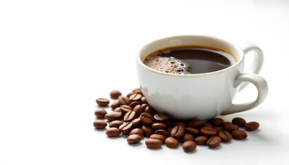 Fototapeta premium Aromatic coffee cup and roasted coffee beans on a clean white background, ideal for beverage concepts