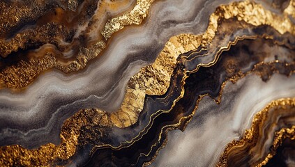 Fototapeta premium Fluid Acrylic Pouring: Gold, Black, Gray Abstract Art Painting Process