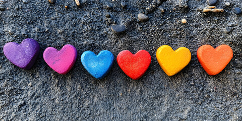 Obraz premium Rainbow Colored Heart Objects on Rough Surface