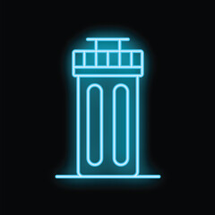 Blue neon trash can glowing on dark background, concept of waste recycling and ecology