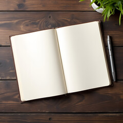 MOCKUP - clean empty notebook open on a rustic wooden desk with a pen lying beside it